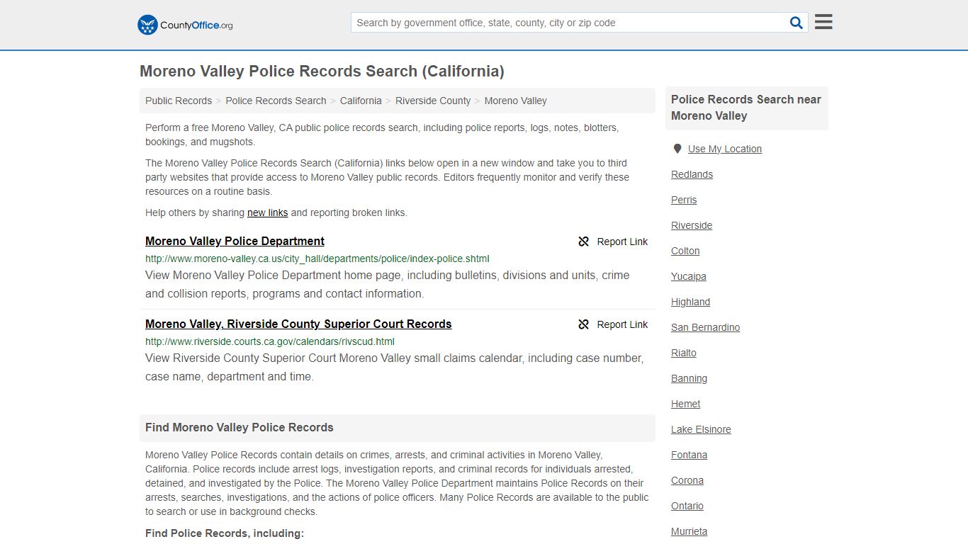 Moreno Valley Police Records Search (California) - County Office